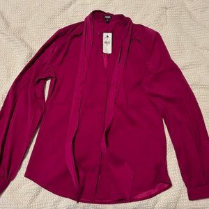 NWT Express Relaxed Satin Long Sleeve Tie Neck Portofino Shirt